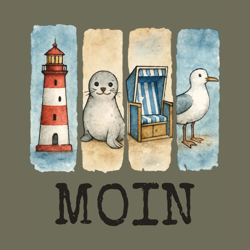 Moin Leuchtturm Robbe Strandkorb Möwe Küste