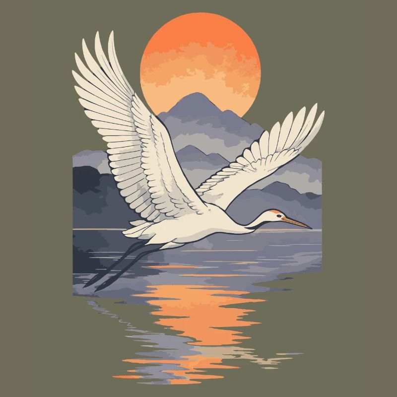 Crane Flying at Sunset Reflection