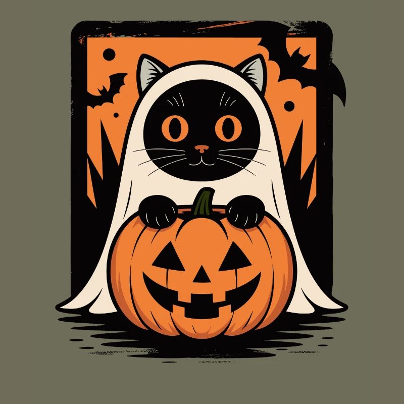 Cat Halloween Ghost Cat with Pumpkin Bat