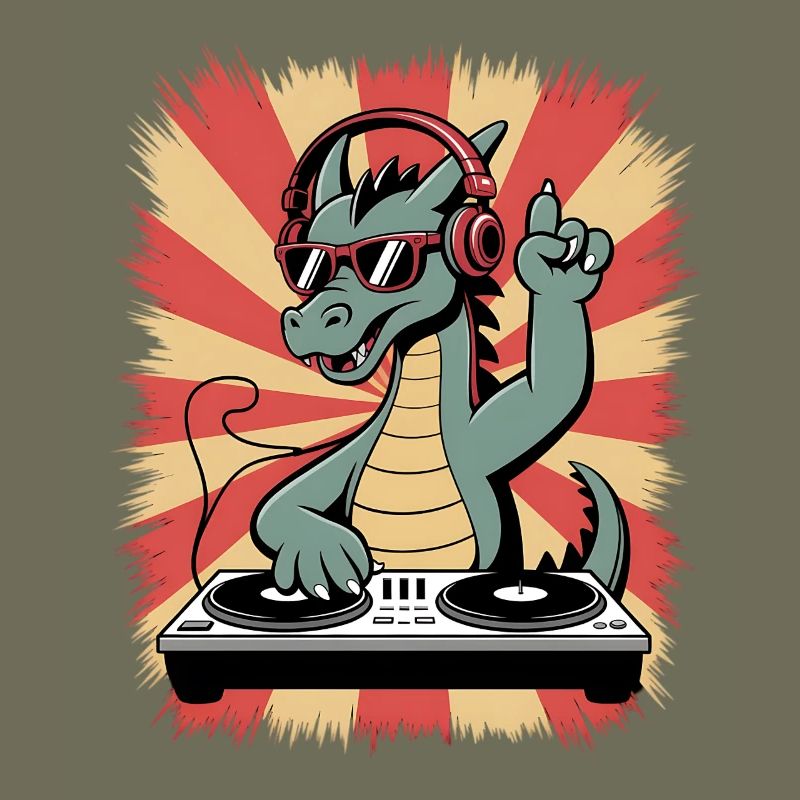 Drachen-DJ mit Kopfhörer-Beat