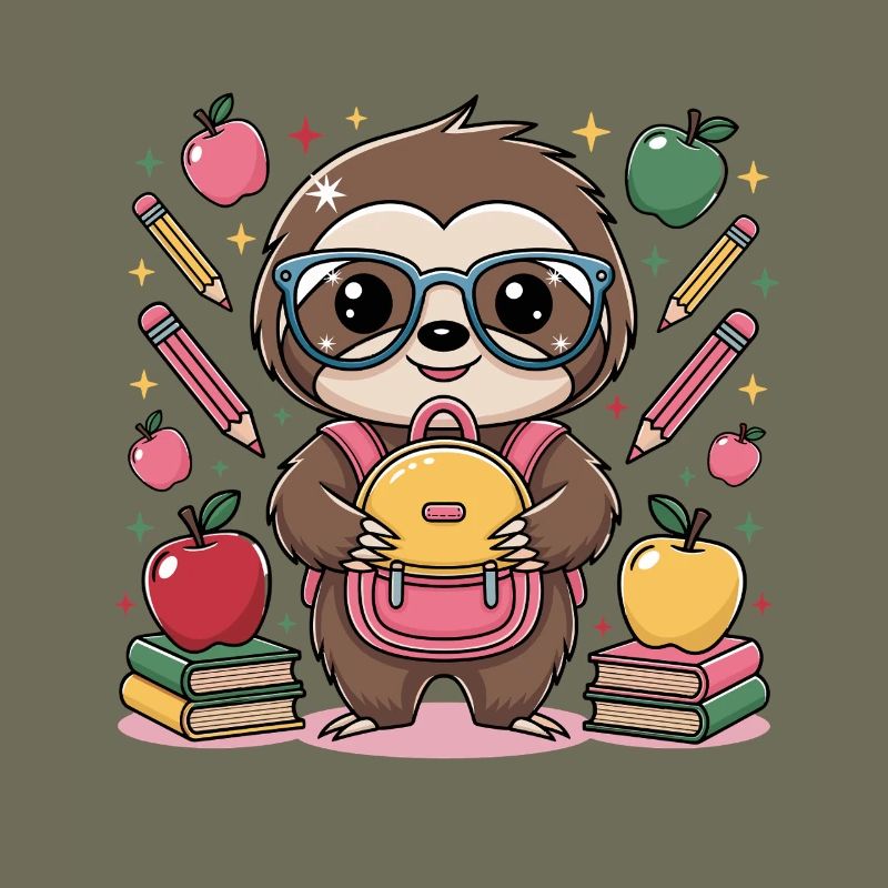 Cute sloth surrounded by backpack and glasses