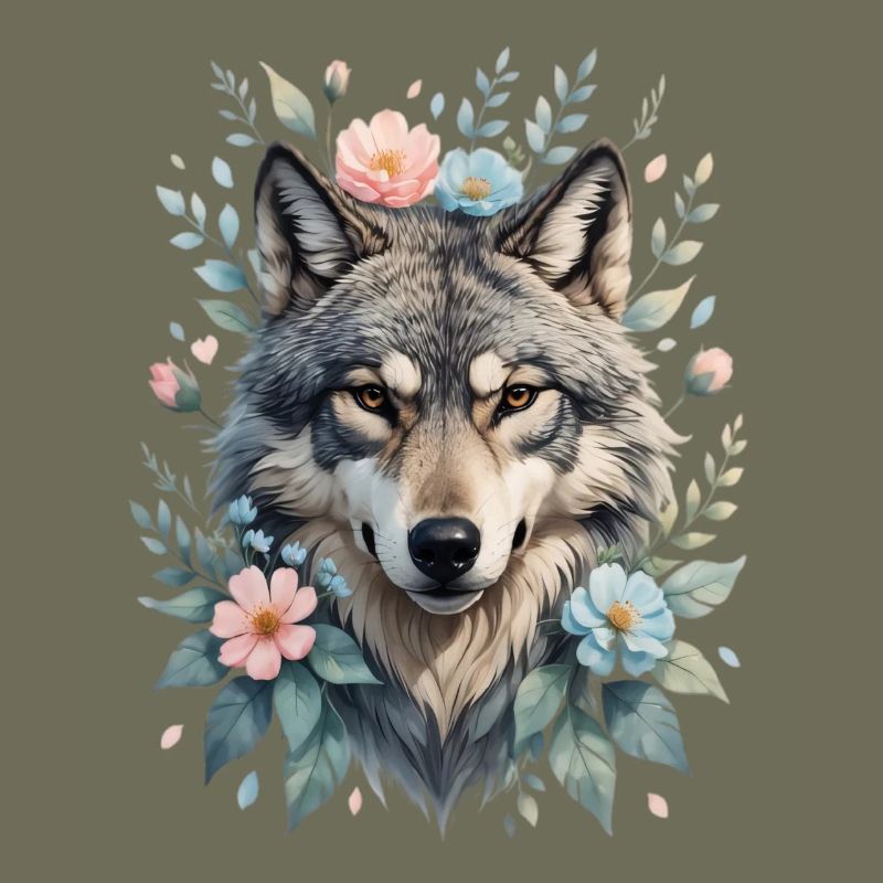 Wolfskopf mit Blumenkranz