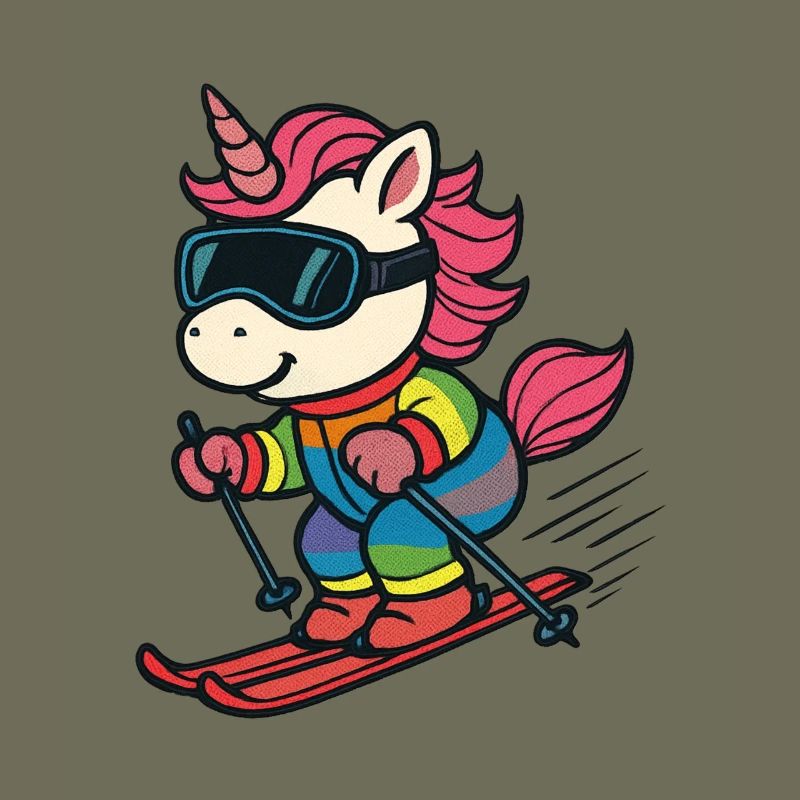 süßes Ski-Einhorn im Regenbogenanzug
