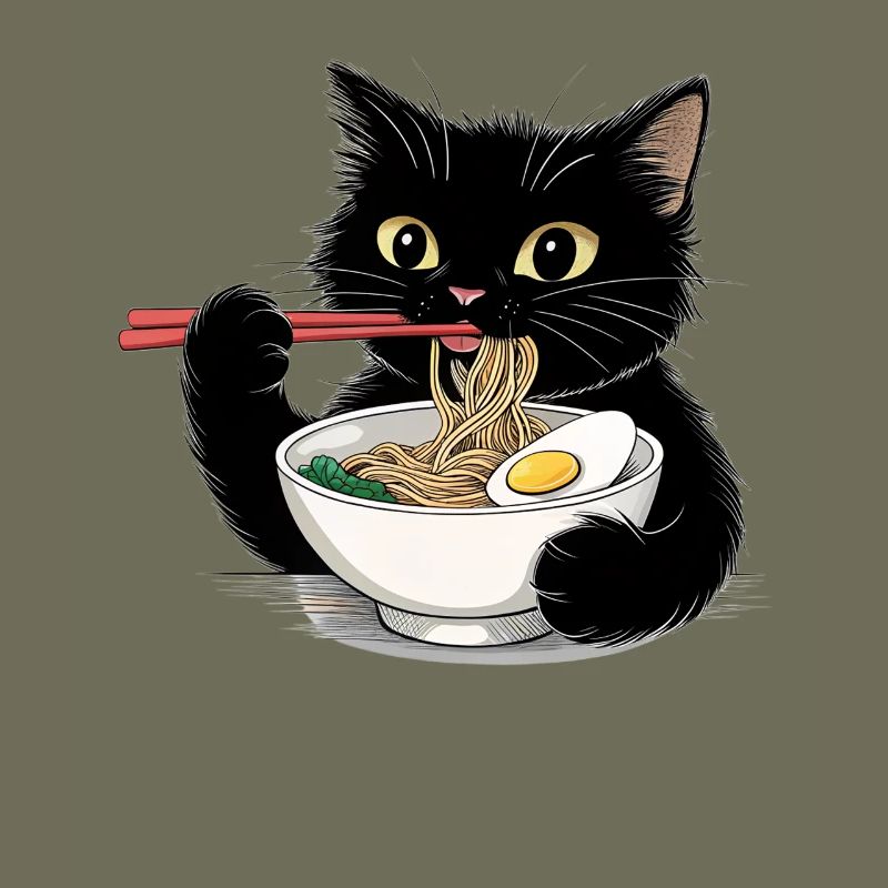 Chat noir mangeant des nouilles ramen