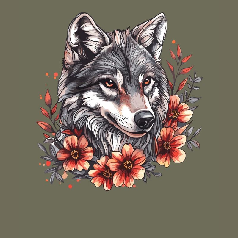 Wolfskopf mit Blumenring