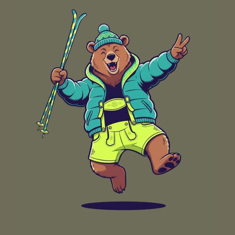 Feiernder Bär mit Skistöcken