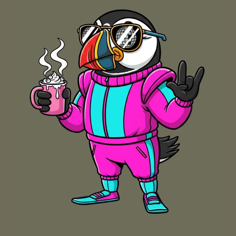 Stylischer Vogel im Ski-Overall mit Kaffee