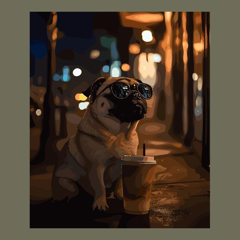 Mops mit Sonnenbrille und Eiskaffee
