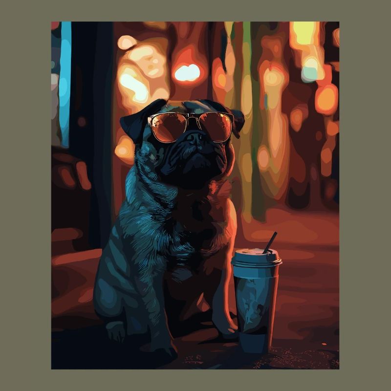 Mops mit Sonnenbrille und Eiskaffee