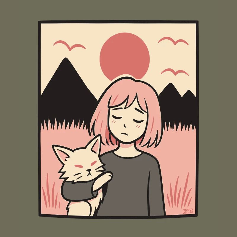 Mädchen mit Katze vor Bergen
