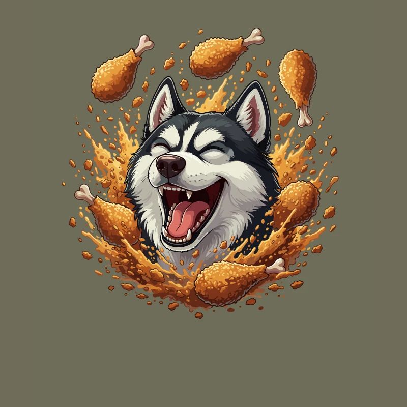 Laughing husky with fried chicken