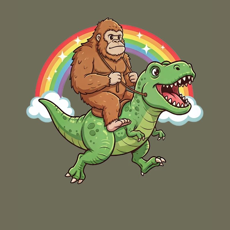 Bigfoot Riding T-Rex Dinosaur Rainbow