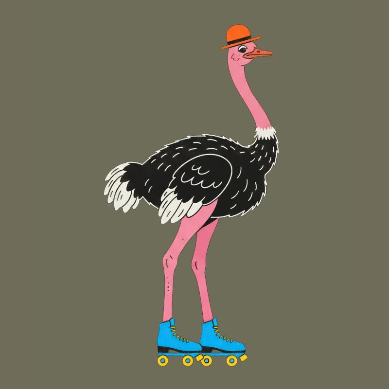 Flamingo with roller skates and hat