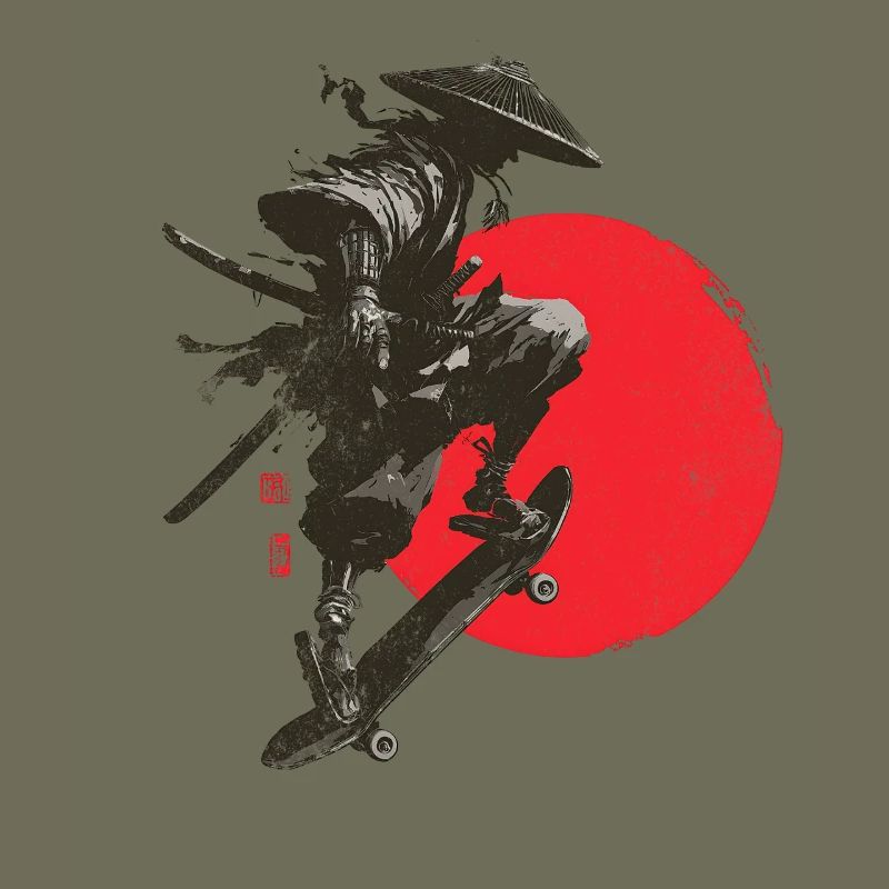 Silhouette eines Samurai-Skaters mit roter Sonne