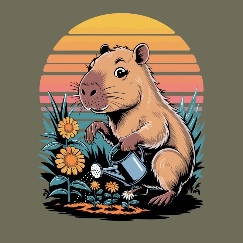 Le capybara arrose les fleurs dans le jardin devant des films rétro