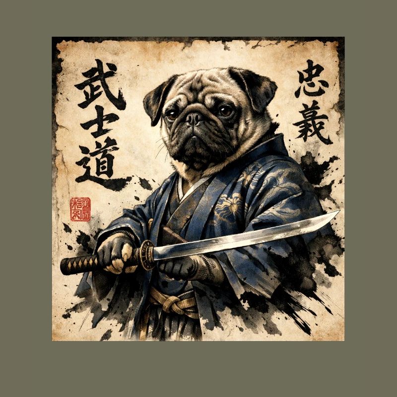 Samurai Pug Japanese Calligraphy Artwork