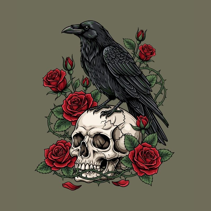 Mitternachtskrähe auf Totenkopfrosen