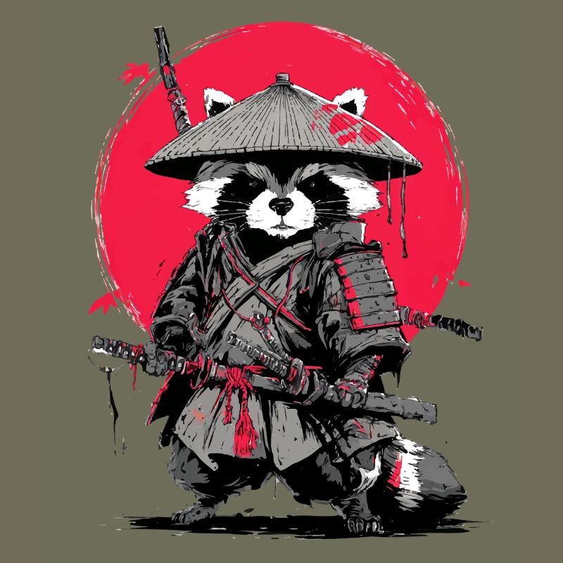 Raccoon Samurai under Crimson Moon