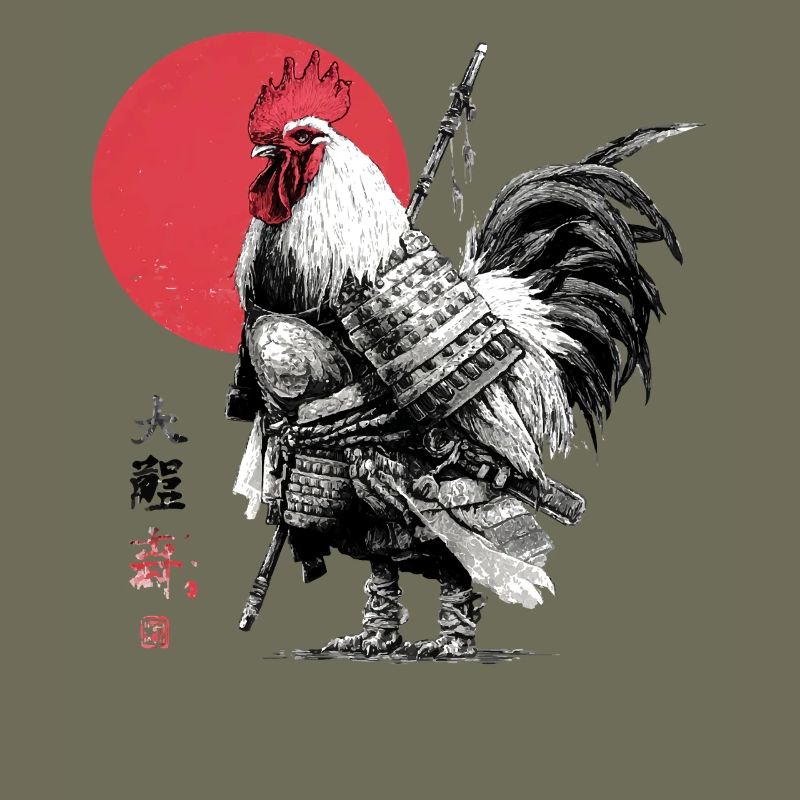 Samurai-Hahn in Rüstung unter roter Sonne