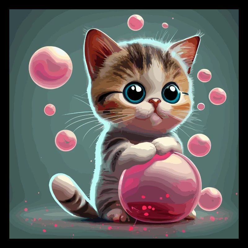Mignon bébé chat de style dessin animé avec des bulles roses
