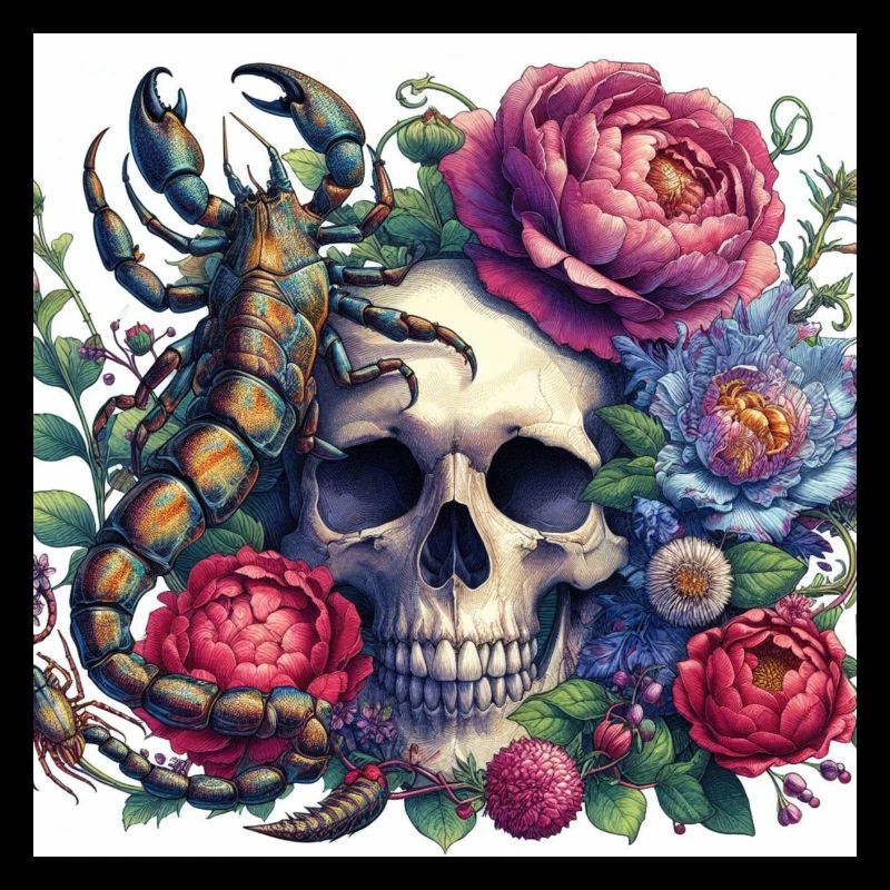 Aquarelle crâne, fleurs et scorpion