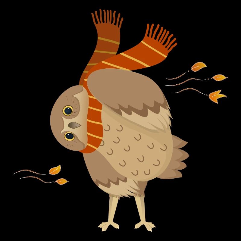 Süße Cartoon-Eule trägt Schal mit fallenden Blättern