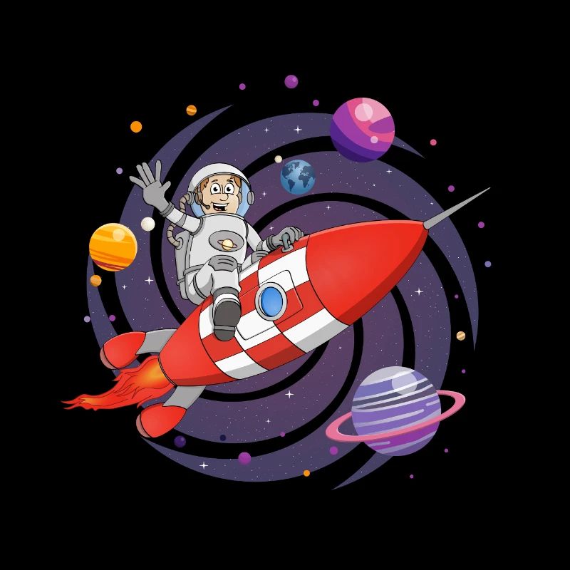 The astronaut and the red rocket in space.