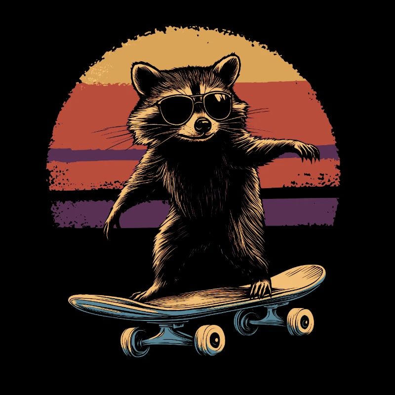 raton laveur sur skateboard vintage