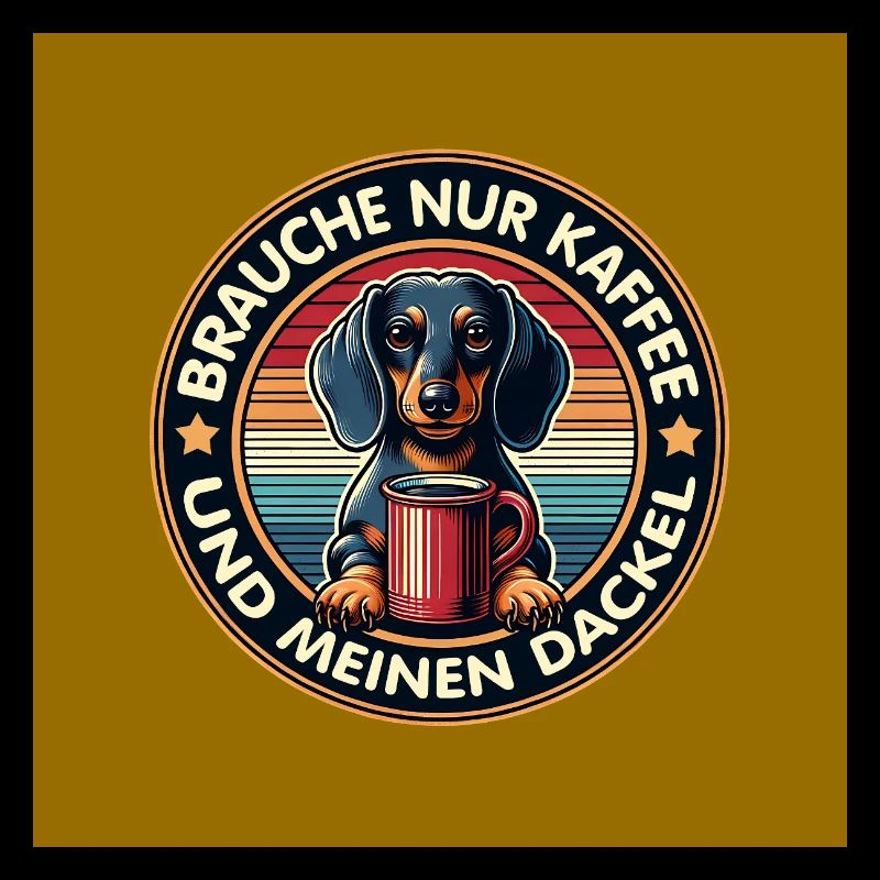 Chien teckel avec une tasse de café disant
