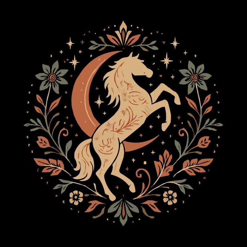 Cheval élégant avec lune et feuilles