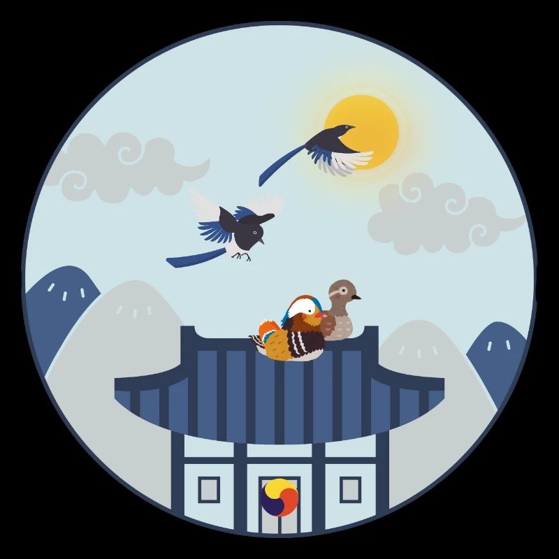 Maison coréenne avec des oiseaux – Design traditionnel