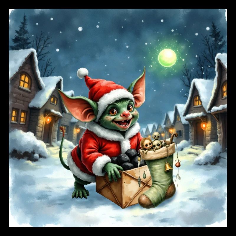 Weihnachtself schiebt verschneites Geschenk