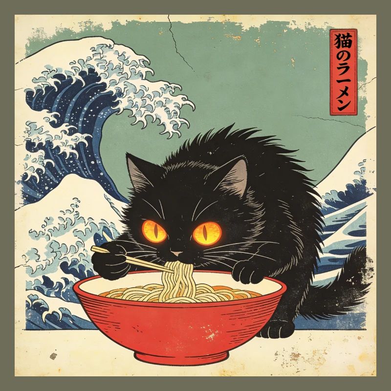 Japan Cat Ramen Noodles Retro Wave Pattern