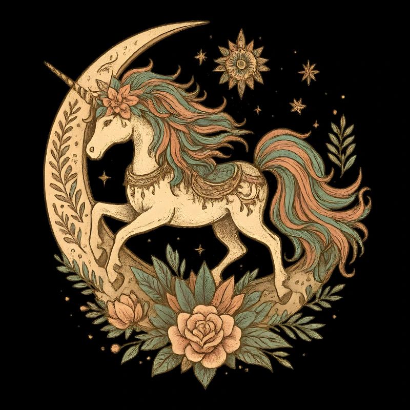 Licorne au clair de lune avec couronne de fleurs