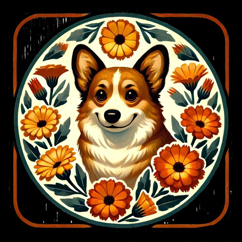 Corgi Floral Circle Folk Art