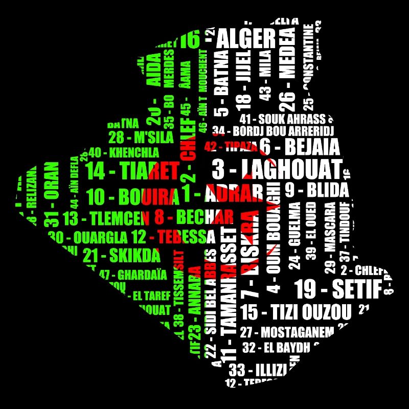 Carte d'Algérie en couleur drapeau et 48 wilayas