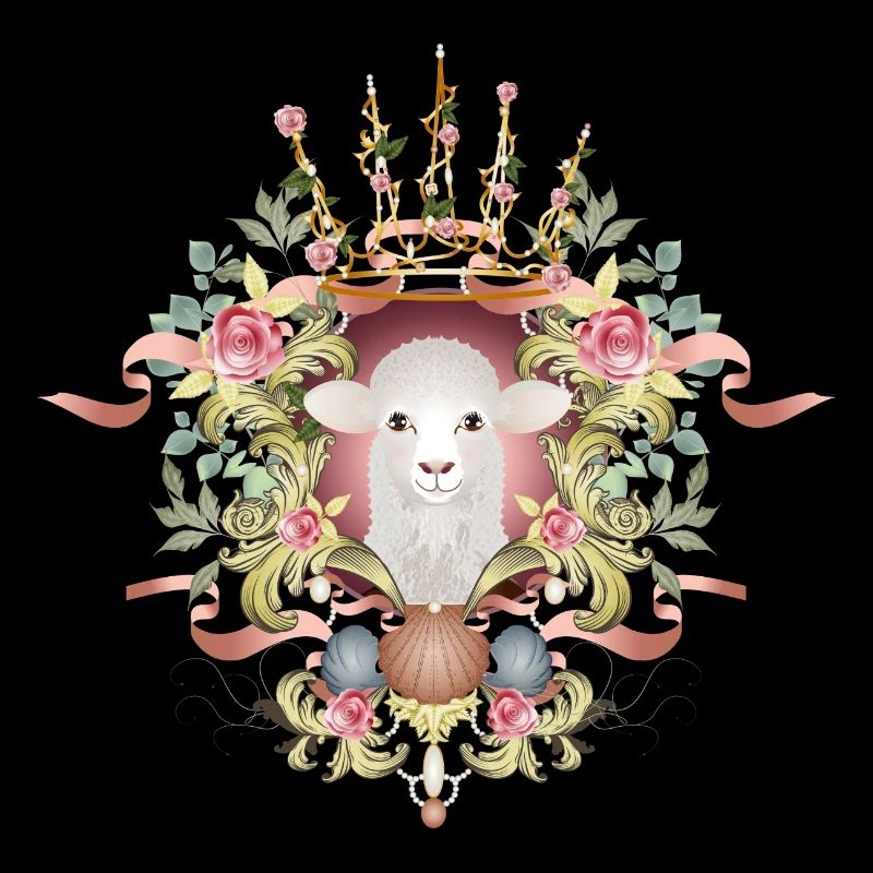 A sheep in a lavishly decorated frame with a crown