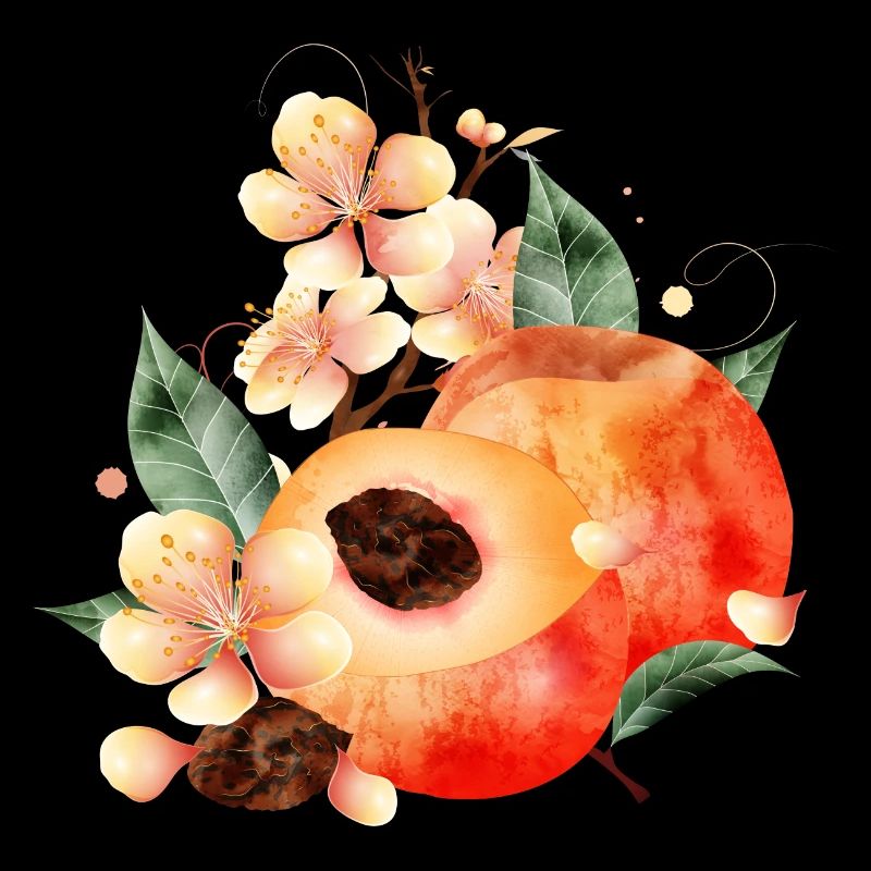Peach Half, Peaches, Leaves & Peach Blossoms
