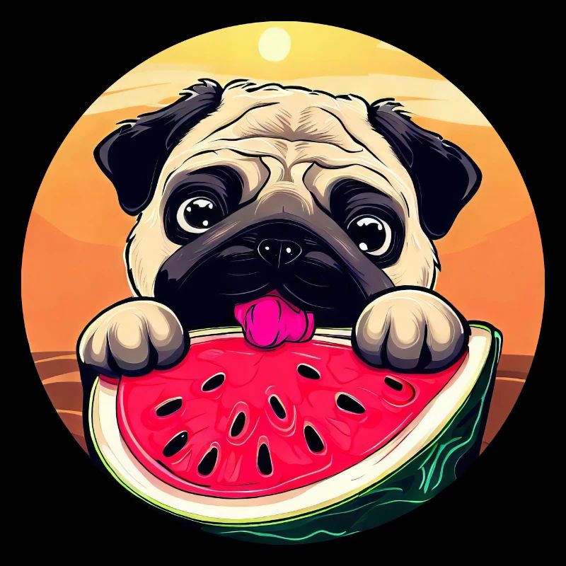 Pug with melon at sunset, summer