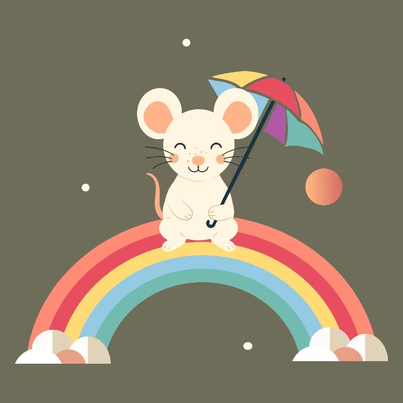 Souris joyeuse avec parapluie sur l’arc-en-ciel