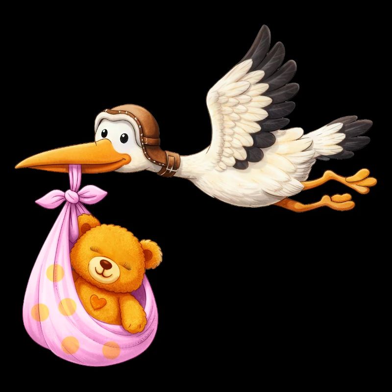 Baby Mädchen Storch mit Teddy im Tuch Geschenk