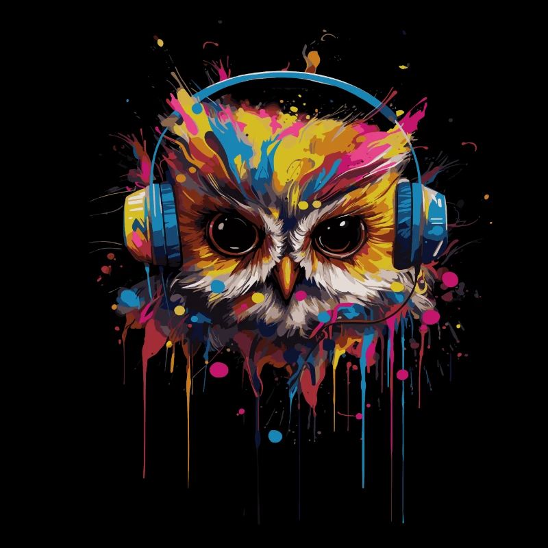 Lustige Eule hört Musik über Kopfhörer
