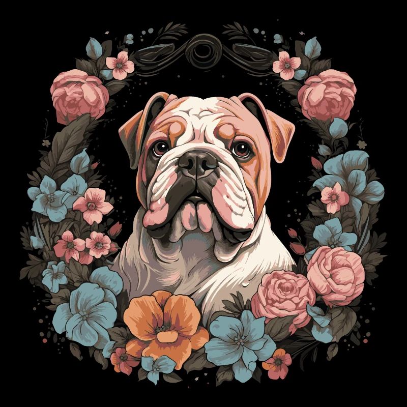 Bouledogue anglais avec des fleurs