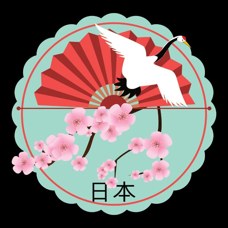 Japan fan on cherry blossom with crane round