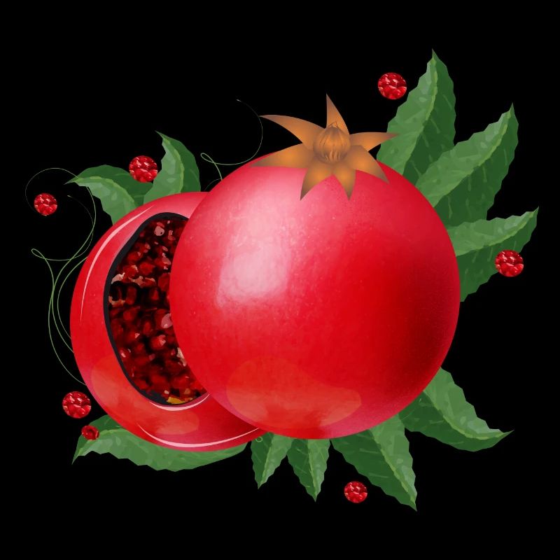 blutrote geöffnete Granatäpfel mit Blätter