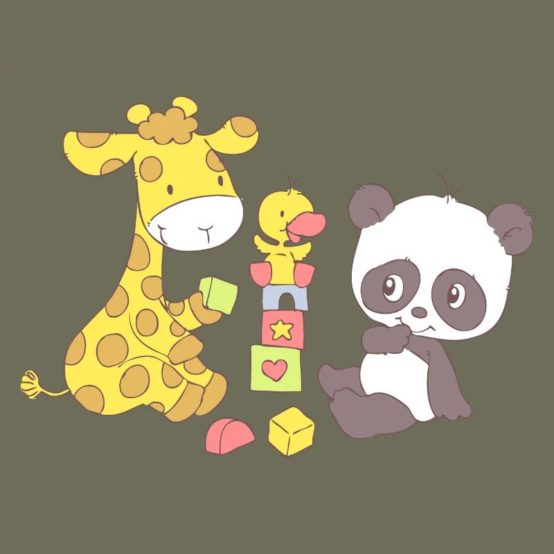 Giraffe and Panda playing with Blocks
