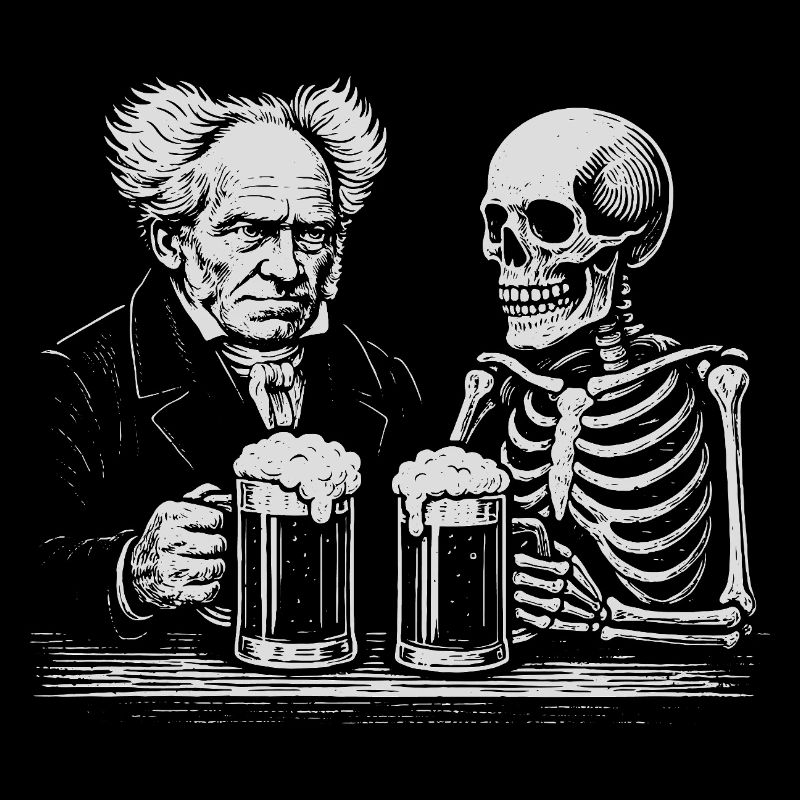 Arthur Schopenhauer buvant de la bière avec squelette