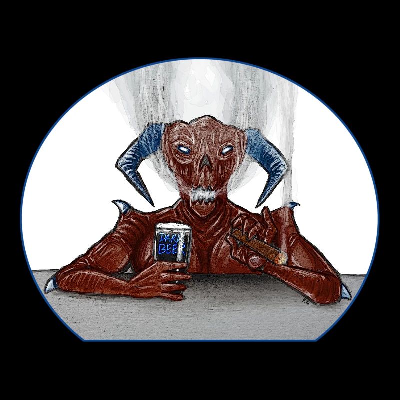 Dämon auf der Terrasse mit Bier und Zigarre