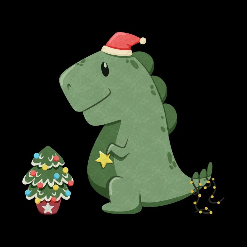 Dinosaure mignon décorant son sapin de Noël