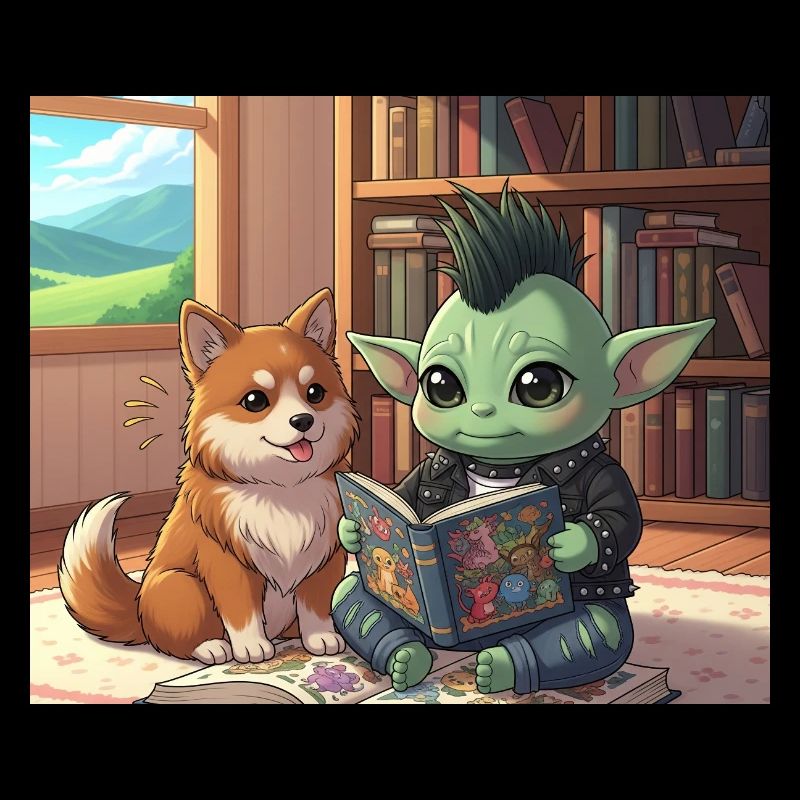 Mischender Kobold mit Hund im Bücherzimmer